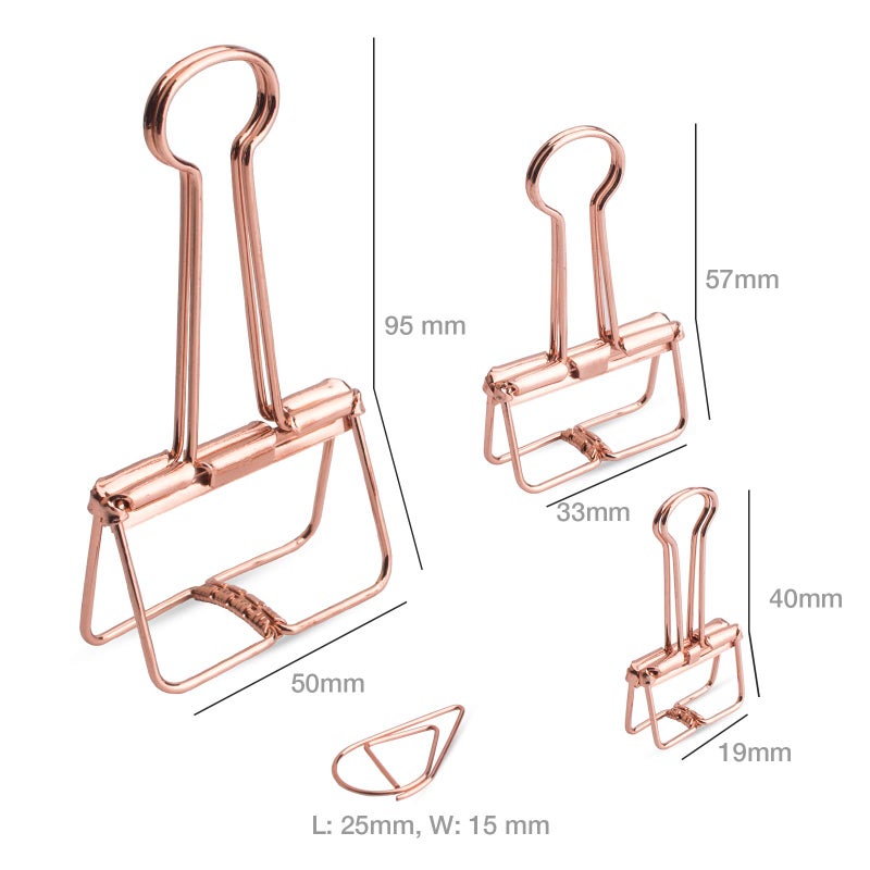 VENCINK Rose Gold Wire Binder Clips and Cute Paper Clips Set Assorted Sizes, 2 Large 6 Medium 10 Small Smooth Stainless Hollow Office Clamp Clips - Image 3